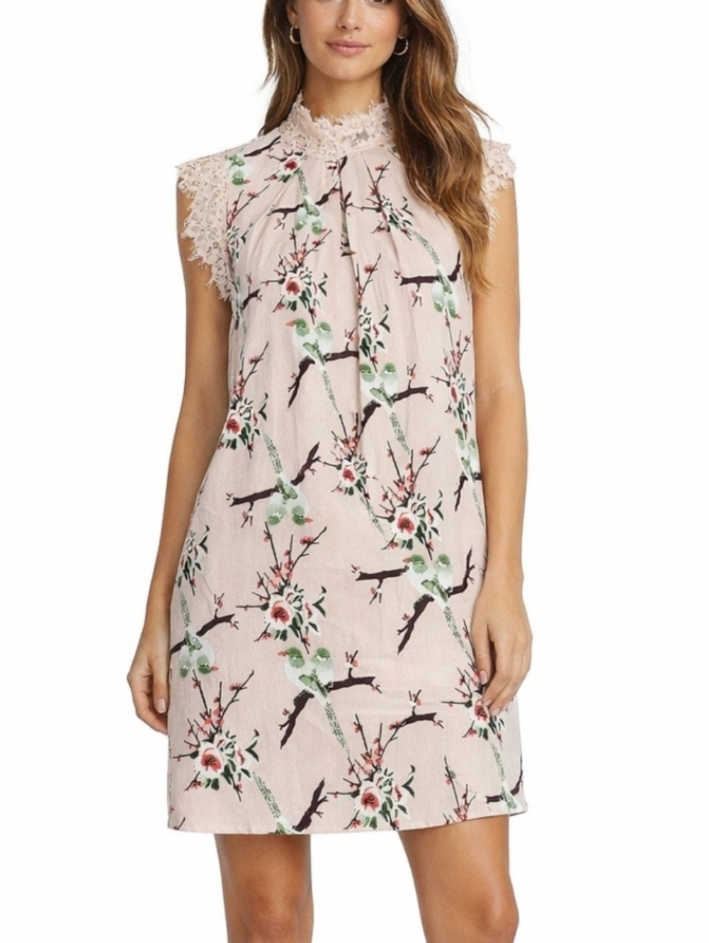 NWT Chelsea & Violet Blush Pink Chinoiserie Bird Print Lace Trim Shift Dress